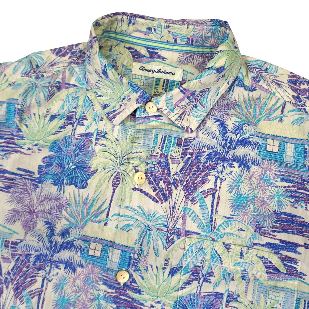 Tommy Bahama Mens Medium Silk Button Up Shirt Blue Purple Tropical Palm Print
